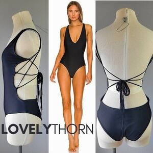 MIKOH // ltd ed black plunge multi-fringe strap tie back monokini  swimsuit